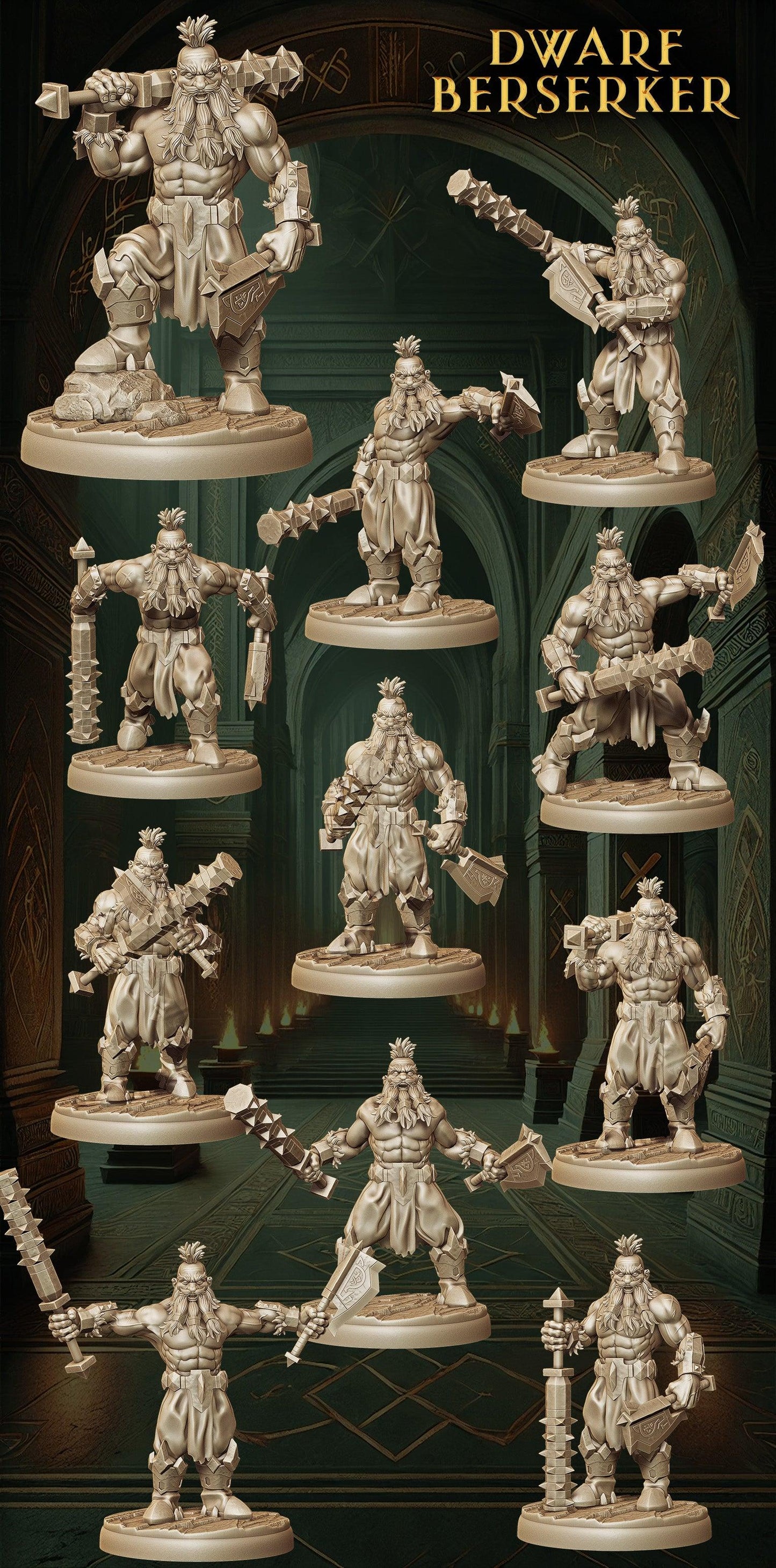 Army of Dwarf Berserkers - 12 Poses | Raging Dwarf Miniatures | DnD Warrior Set - Plague Miniatures