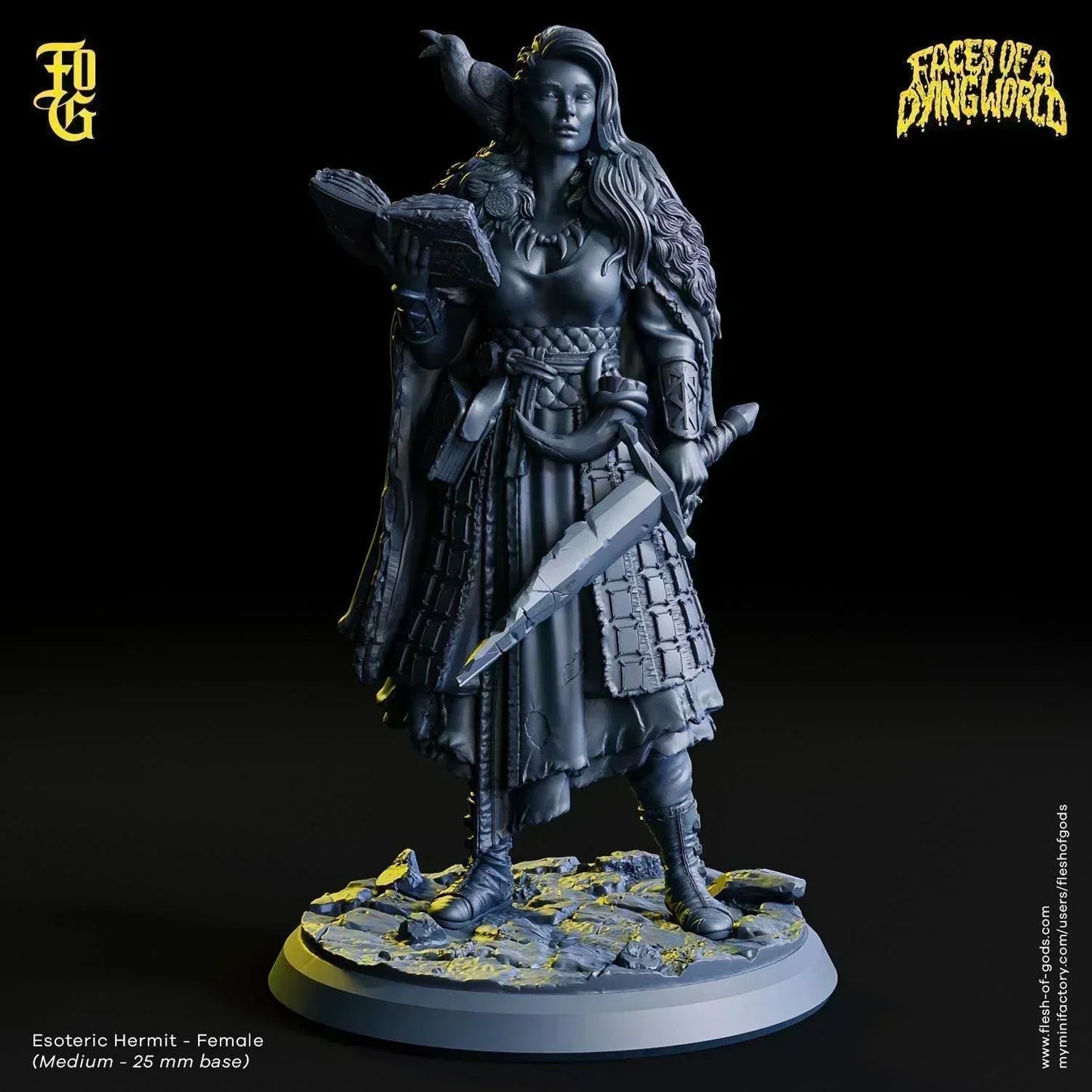 Female Esoteric Hermit Miniature | Wild Human Druid Figurine with Crow for MÖRK BORG | 32mm Scale - Plague Miniatures