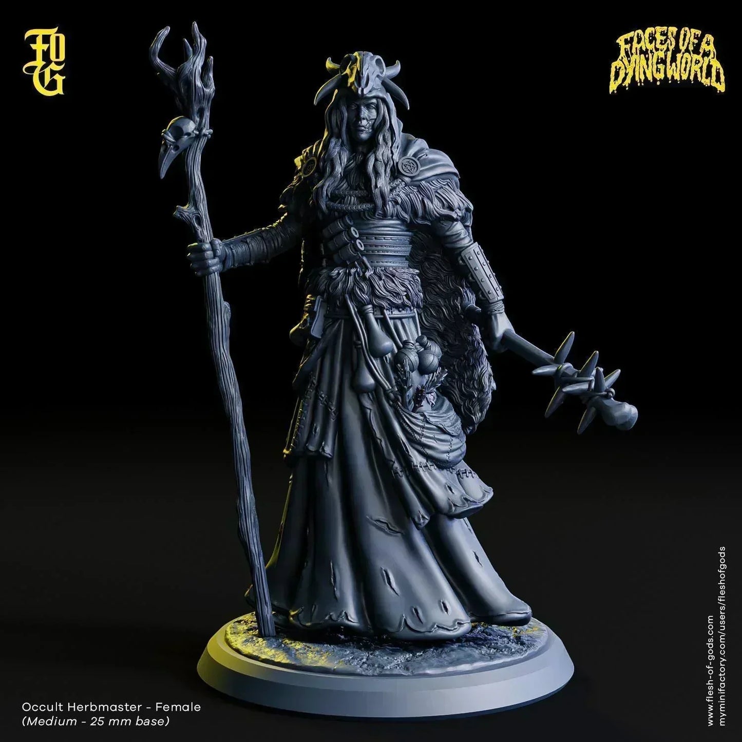Female Occult Herbmaster Miniature | Wild Human Druid Figurine for MÖRK BORG | 32mm Scale - Plague Miniatures