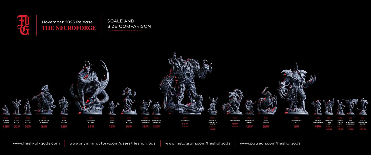 The Necroforge November 2025 release scale comparison of fantasy miniatures on black background.