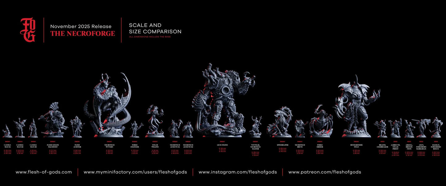 Necroforge fantasy miniatures size comparison lineup, detailed dark resin figures on black