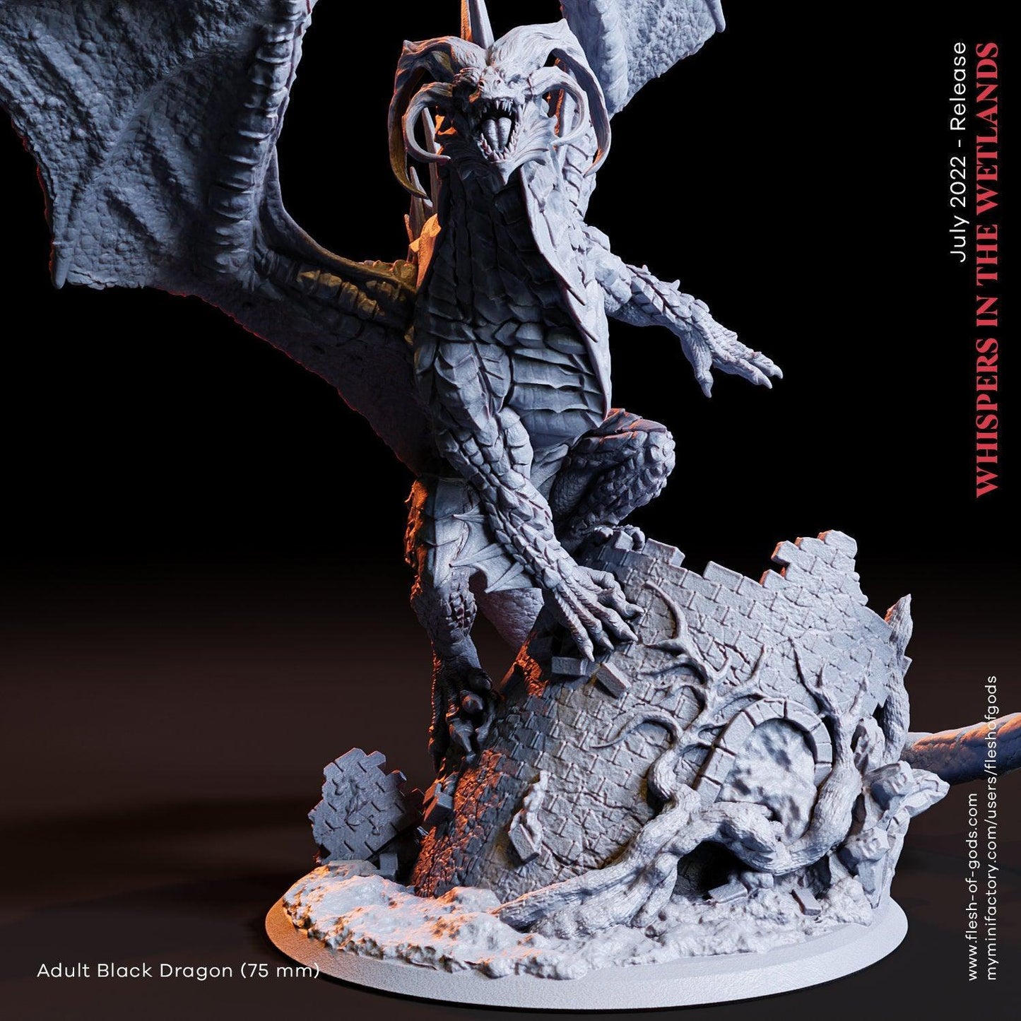 Black Dragon Miniature | Monstrous Skull Dragon with Unique Base for DnD Realms | 75mm Base - Plague Miniatures