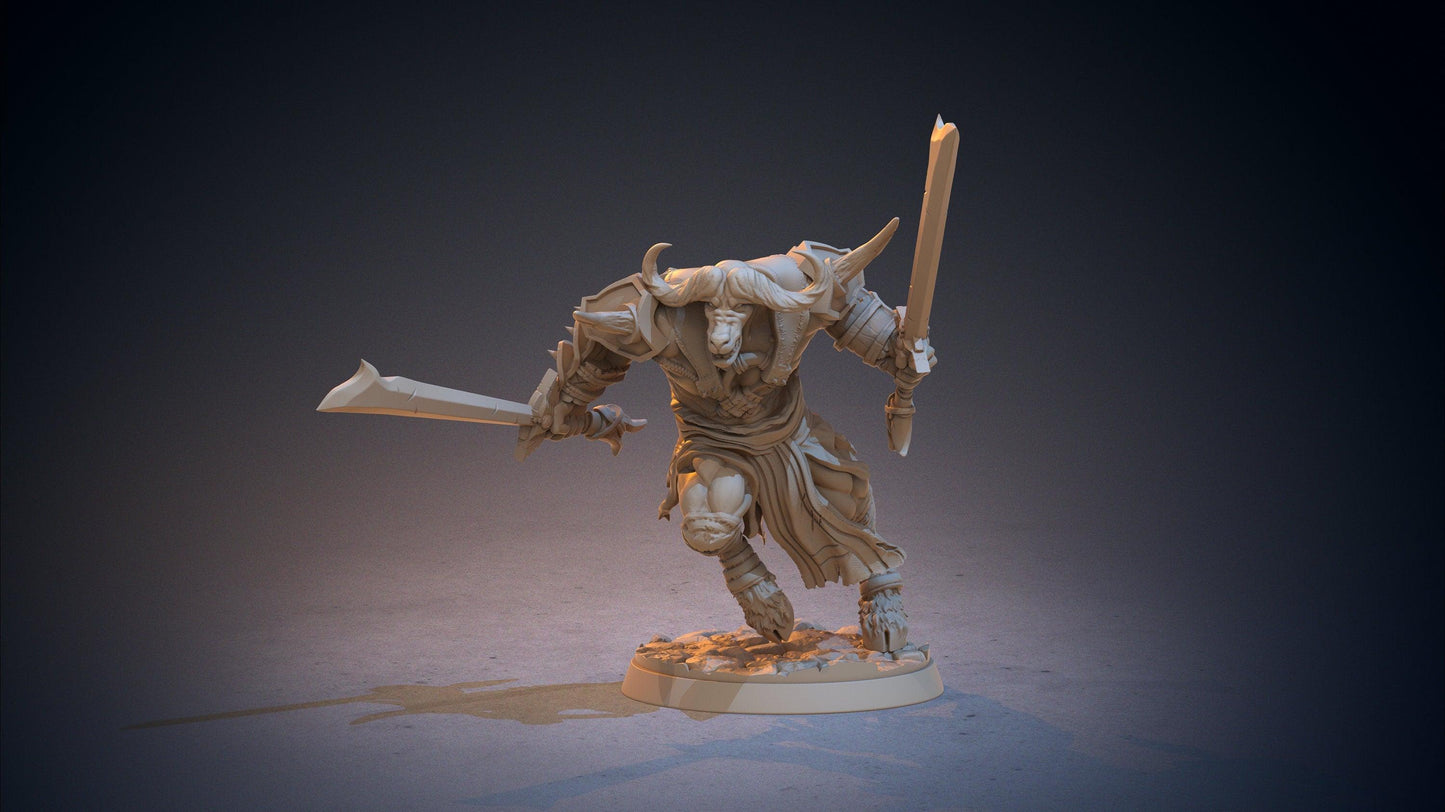 Kalkyu Minotaur Cowborn Miniature | Dual-Sword Wielding Warrior | 32mm Scale - Plague Miniatures