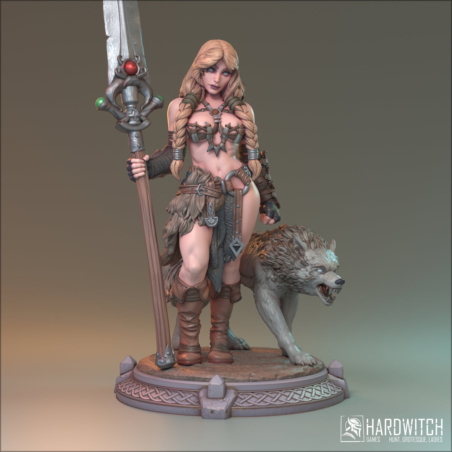 Alva, Topless Sexy Female Viking with Wolf Companion | Warrior and Beast Miniature | 32mm Scale, 75mm Scale, or 100mm Scale - Plague Miniatures