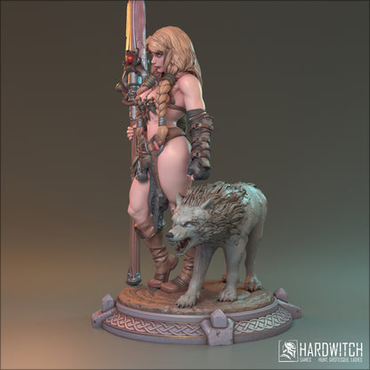 Alva, Topless Sexy Female Viking with Wolf Companion | Warrior and Beast Miniature | 32mm Scale, 75mm Scale, or 100mm Scale - Plague Miniatures