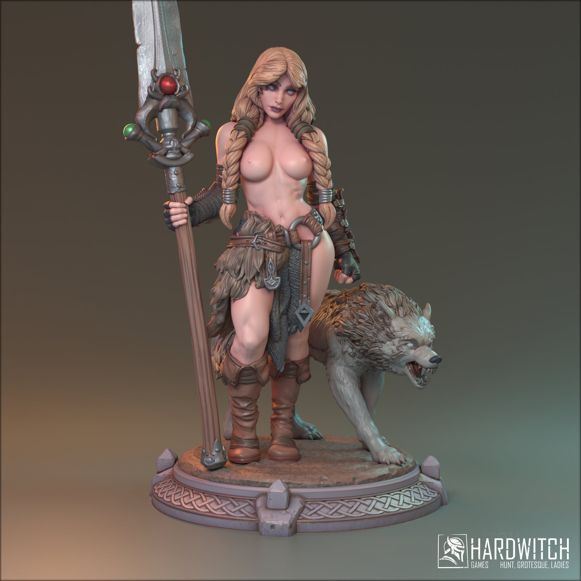 Alva, Sexy Female Viking with Wolf Companion | Warrior and Beast | 32mm Scale, 75mm Scale, or 100mm Scale - Plague Miniatures