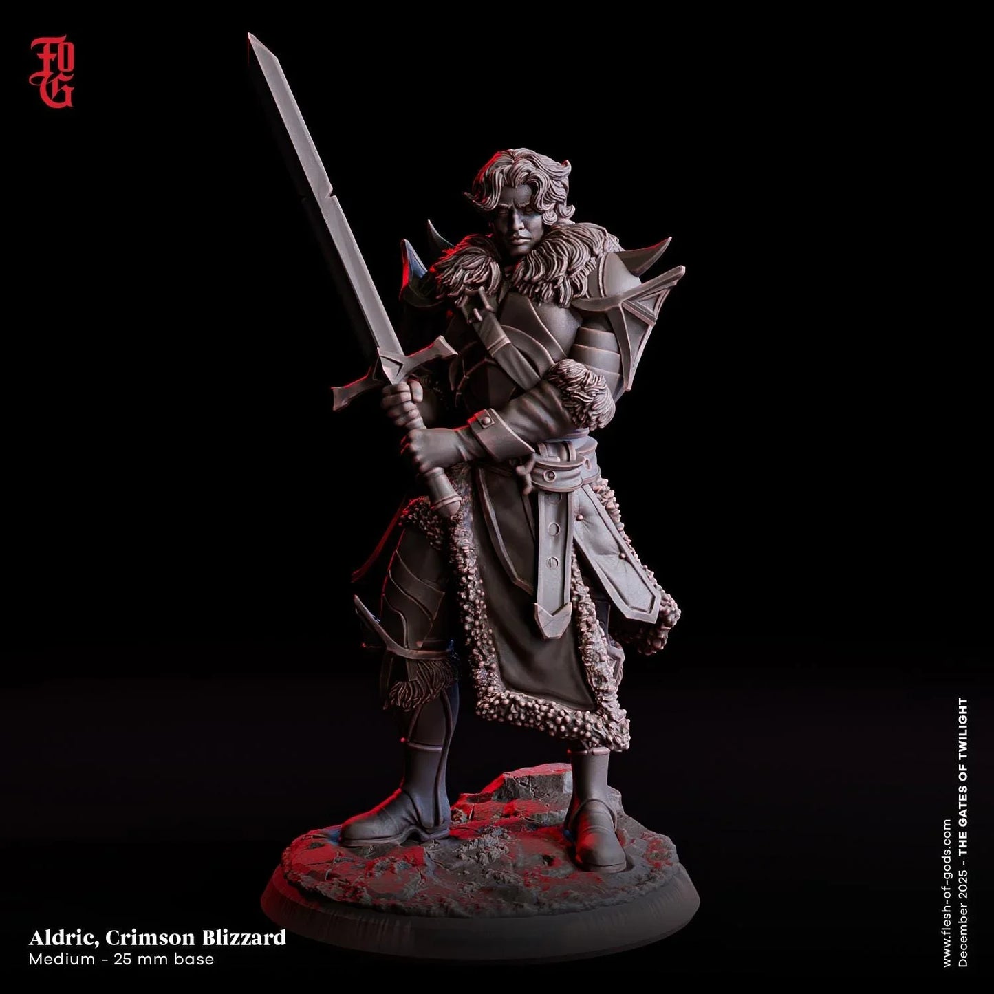 Aldric, Crimson Blizzard Miniature | Human Winter Warrior Royal Figurine | 32mm Scale or 75mm Scale - Plague Miniatures