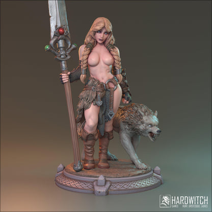 Alva, Topless Sexy Female Viking with Wolf Companion | Warrior and Beast Miniature | 32mm Scale, 75mm Scale, or 100mm Scale - Plague Miniatures