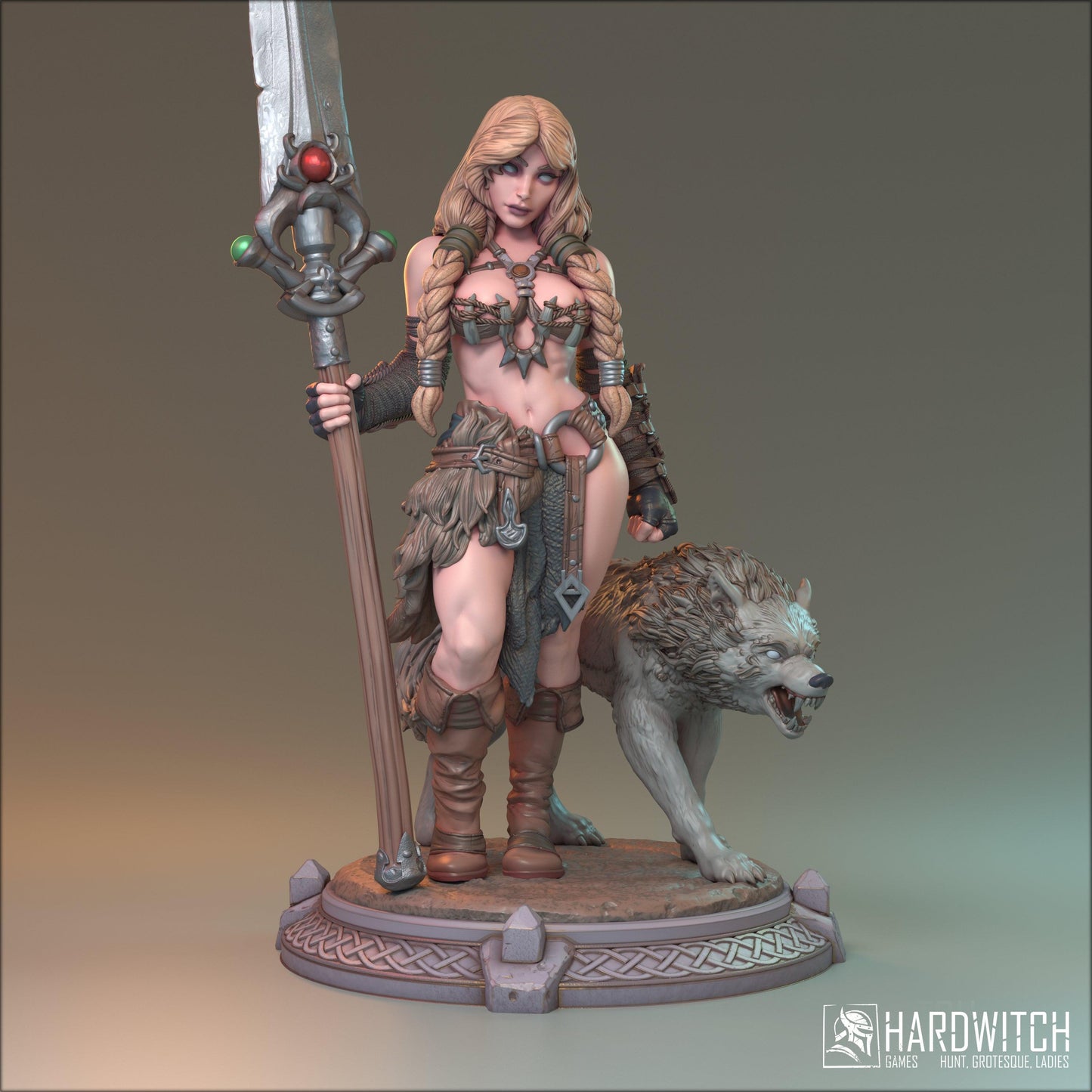 Alva, Topless Sexy Female Viking with Wolf Companion | Warrior and Beast Miniature | 32mm Scale, 75mm Scale, or 100mm Scale - Plague Miniatures