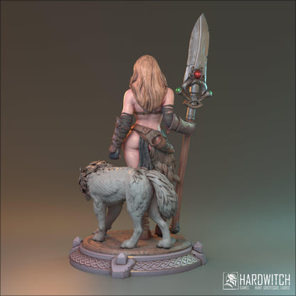 Alva, Topless Sexy Female Viking with Wolf Companion | Warrior and Beast Miniature | 32mm Scale, 75mm Scale, or 100mm Scale - Plague Miniatures