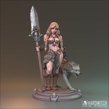 Alva, Topless Sexy Female Viking with Wolf Companion | Warrior and Beast Miniature | 32mm Scale, 75mm Scale, or 100mm Scale - Plague Miniatures