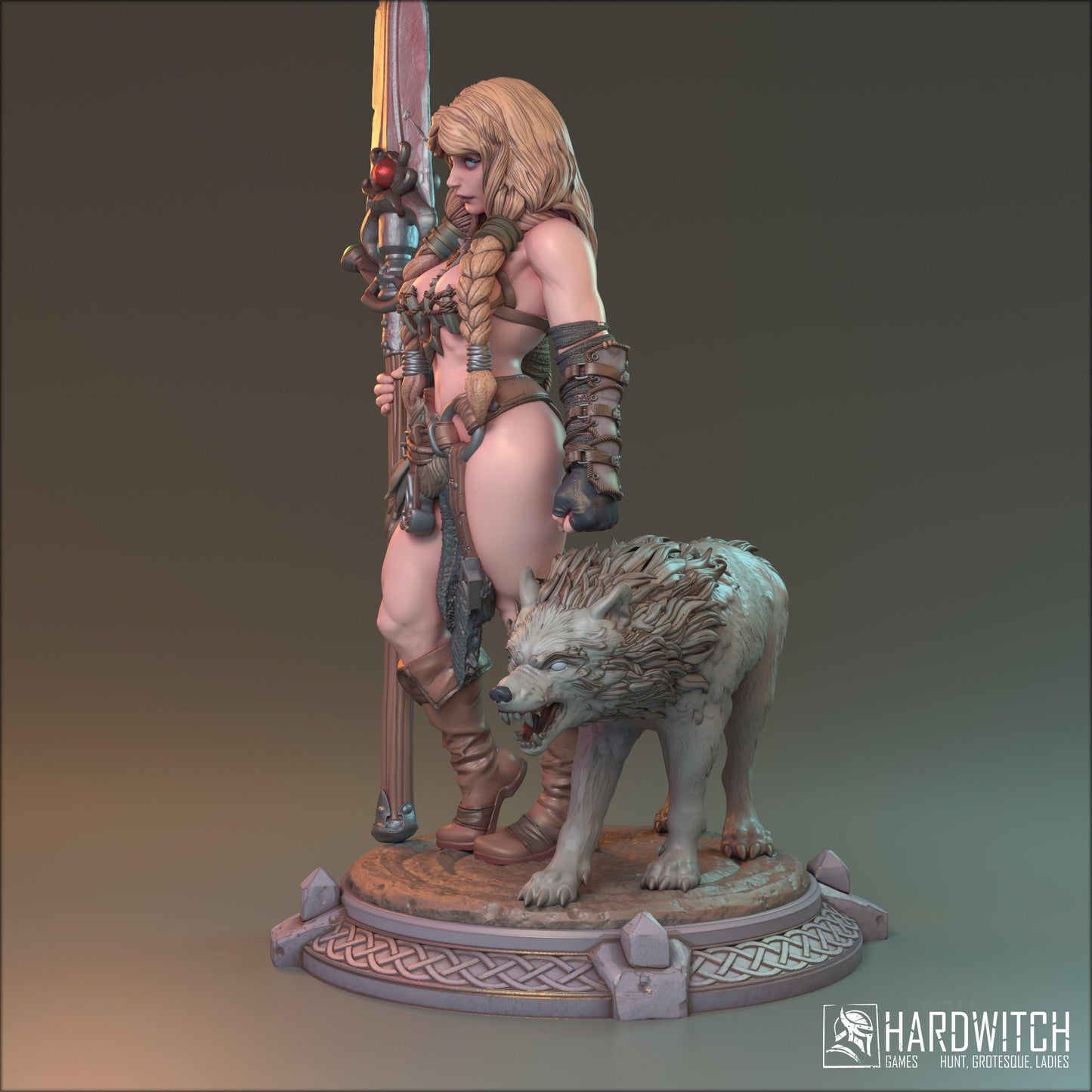 Alva, Topless Sexy Female Viking with Wolf Companion | Warrior and Beast Miniature | 32mm Scale, 75mm Scale, or 100mm Scale - Plague Miniatures