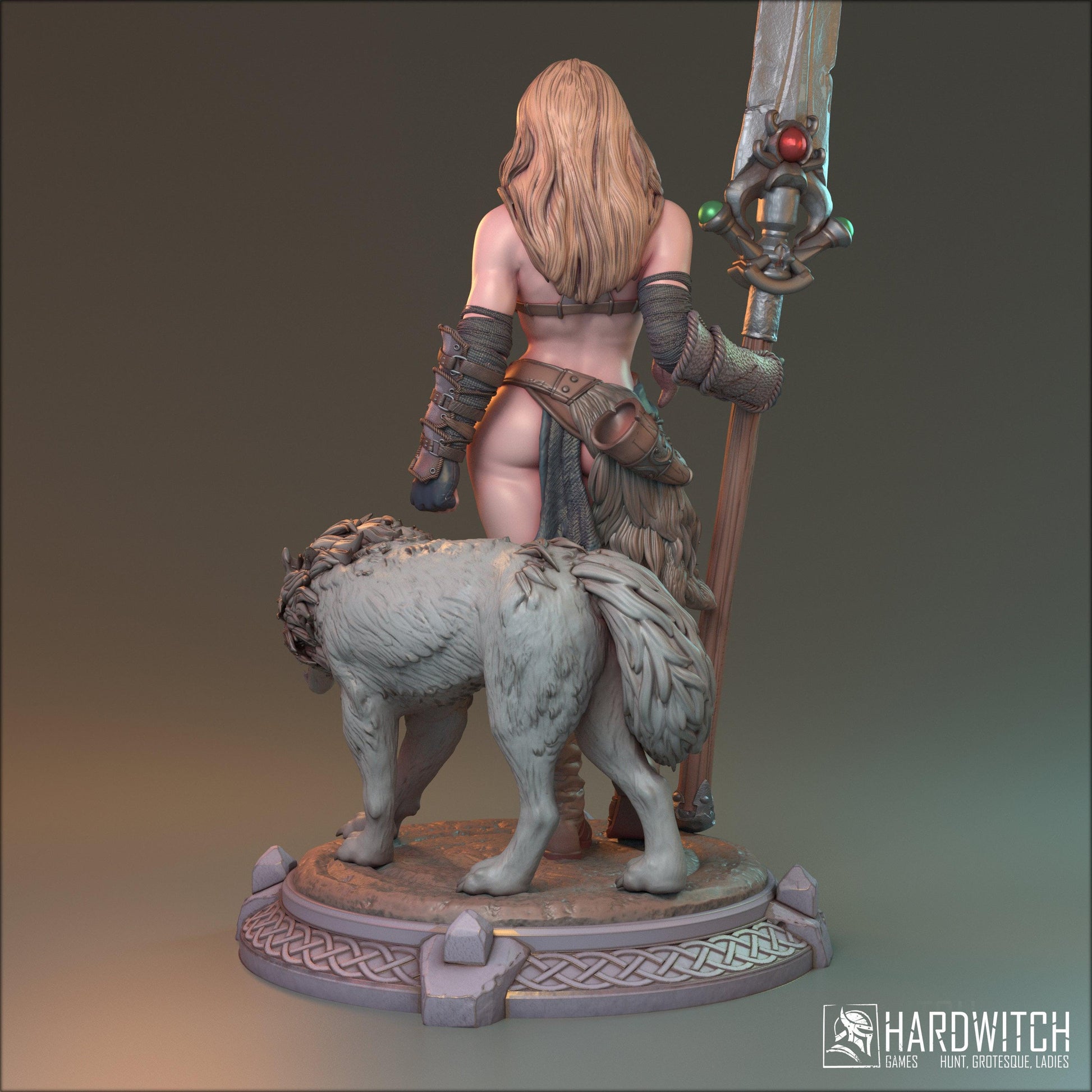 Alva, Topless Sexy Female Viking with Wolf Companion | Warrior and Beast Miniature | 32mm Scale, 75mm Scale, or 100mm Scale - Plague Miniatures