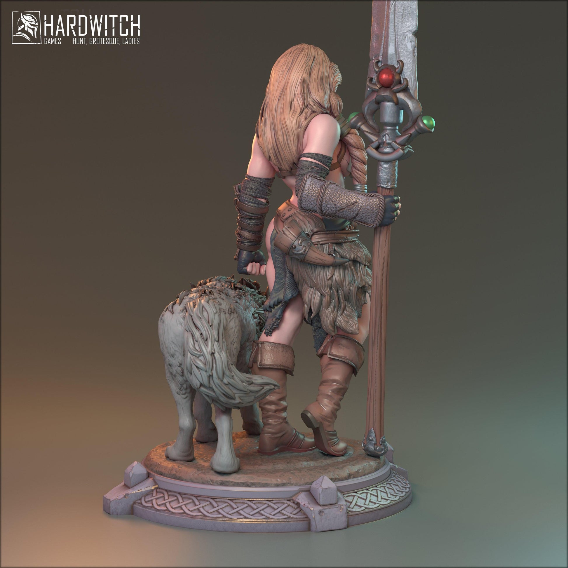 Alva, Topless Sexy Female Viking with Wolf Companion | Warrior and Beast Miniature | 32mm Scale, 75mm Scale, or 100mm Scale - Plague Miniatures