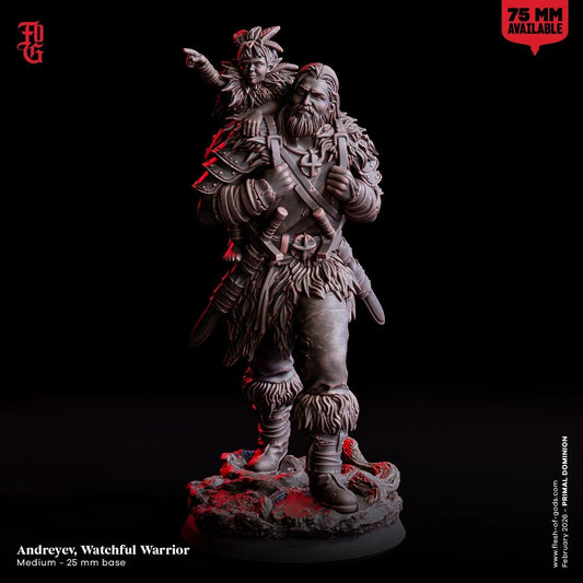 Andreyev, Watchful Warrior Miniature | Nature Fighter Guardian Man and Child NPC Figurine | 32mm Scale or 75mm Scale - Plague Miniatures