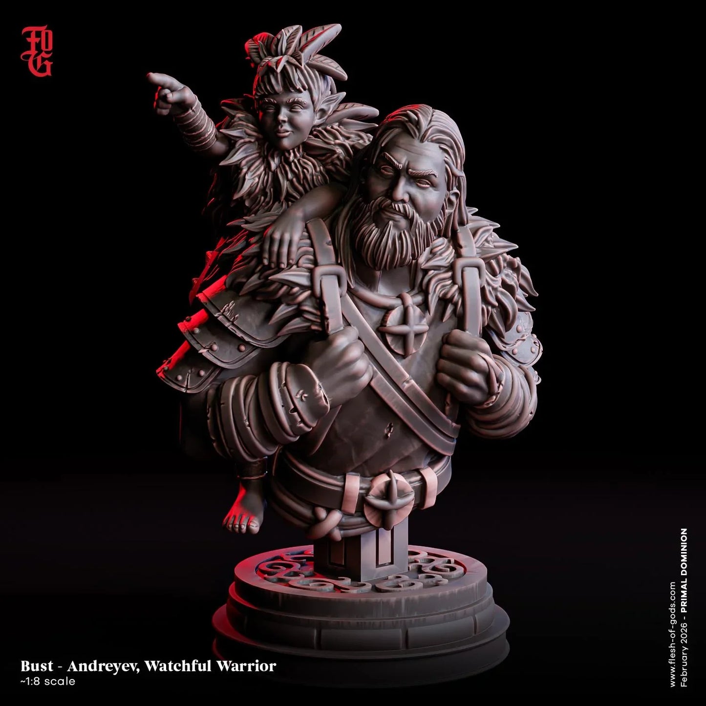 Andreyev, Watchful Warrior Miniature | Nature Fighter Guardian Man and Child NPC Figurine | 32mm Scale or 75mm Scale - Plague Miniatures