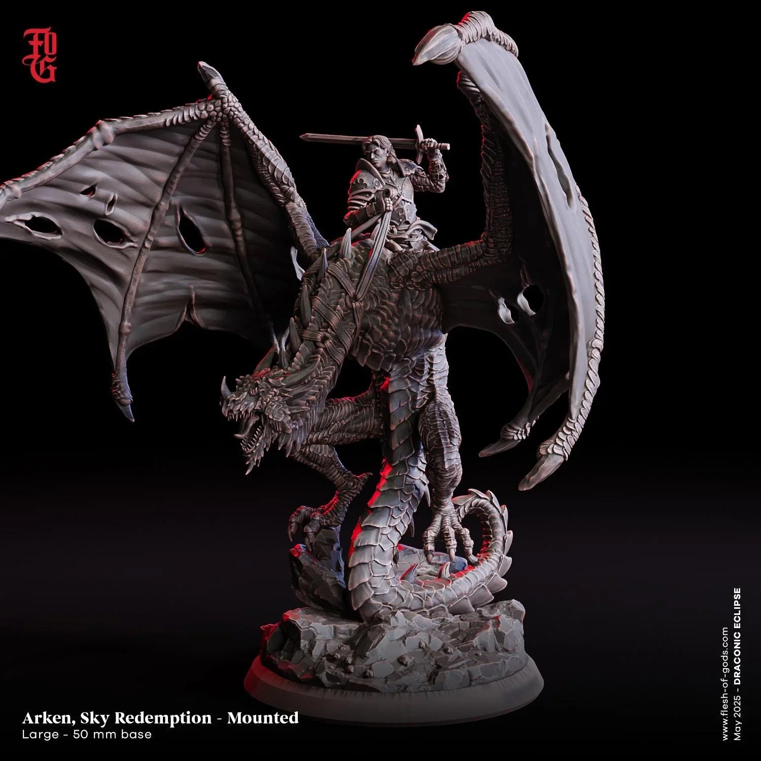 Arken, Sky Redemption (Mounted) | Human Fighter on Dragon Wyvern Miniature | 32mm Scale or 75mm Scale - Plague Miniatures
