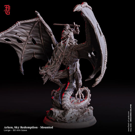 Arken, Sky Redemption (Mounted) | Human Fighter on Dragon Wyvern Miniature | 32mm Scale or 75mm Scale - Plague Miniatures
