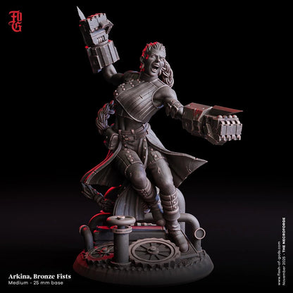 Arkina Bronze Fists miniature with mechanical gauntlets, fantasy steampunk figure on a gear base