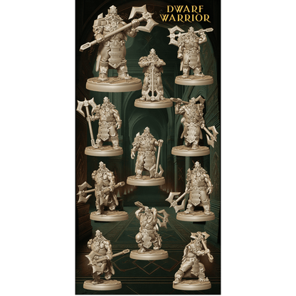 Army of Dwarf Warriors - 12 Poses | Axe-Wielding Dwarf Miniatures | DnD Tabletop Wargaming Set - Plague Miniatures