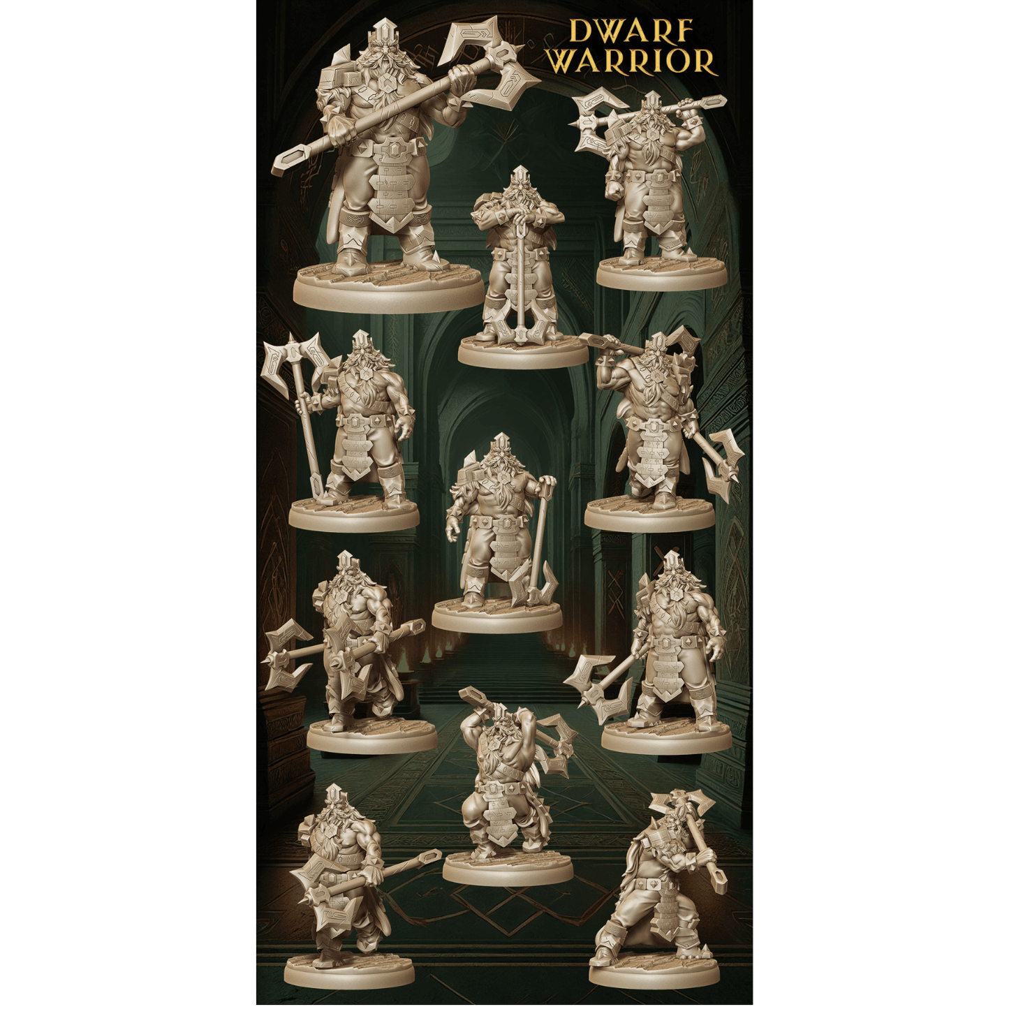 Army of Dwarf Warriors - 12 Poses | Axe-Wielding Dwarf Miniatures | DnD Tabletop Wargaming Set - Plague Miniatures