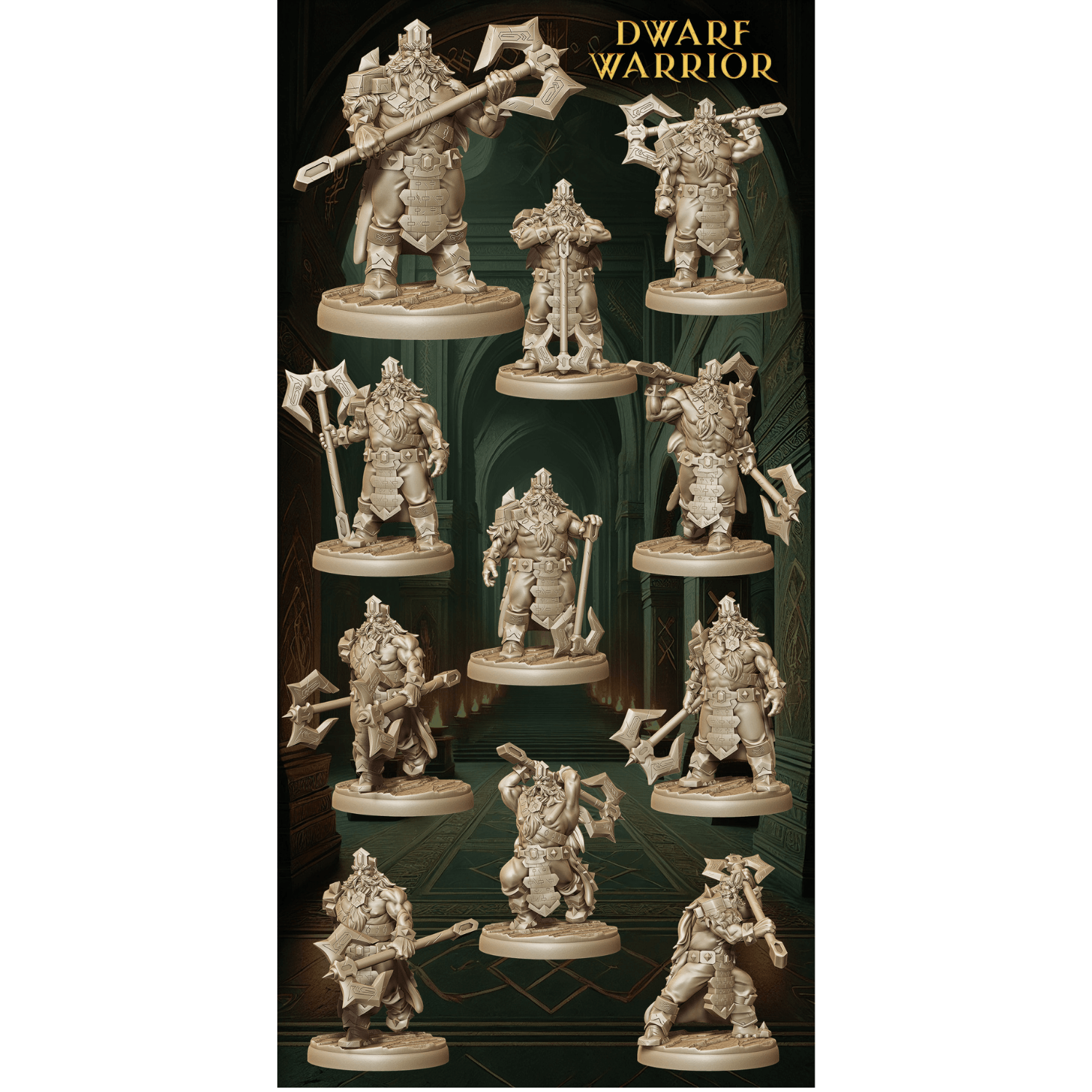 Army of Dwarf Warriors - 12 Poses | Axe-Wielding Dwarf Miniatures | DnD Tabletop Wargaming Set - Plague Miniatures