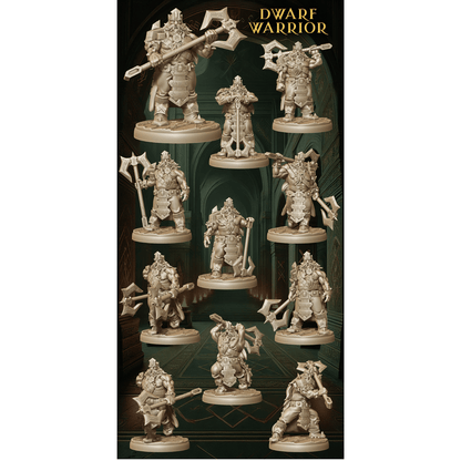 Army of Dwarf Warriors - 12 Poses | Axe-Wielding Dwarf Miniatures | DnD Tabletop Wargaming Set - Plague Miniatures