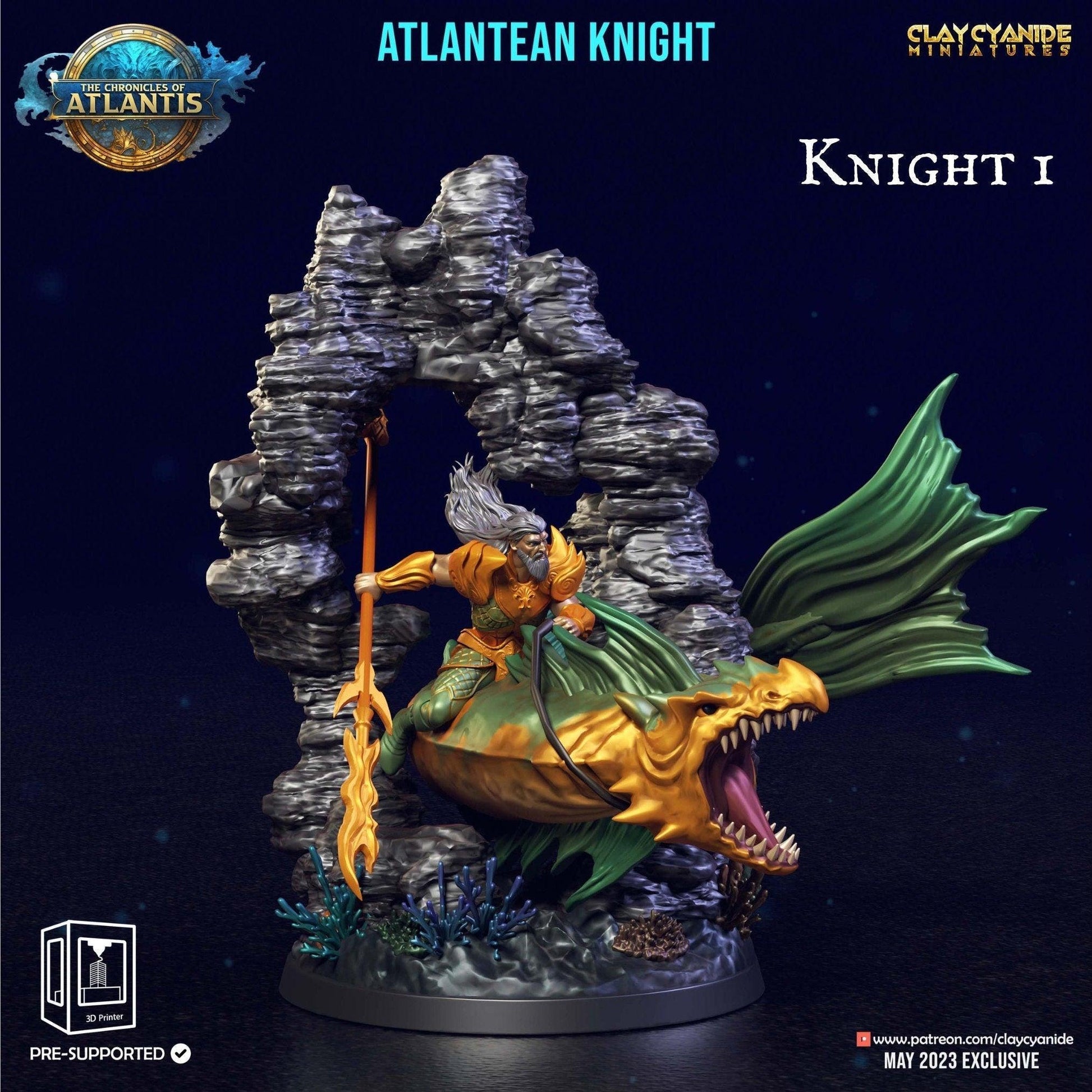 Atlantean DnD Knight Miniature | Clay Cyanide | Chronicles of Atlantis | DnD Miniature Dungeons and Dragons DnD 5e Underwater Knight - Plague Miniatures shop for DnD Miniatures