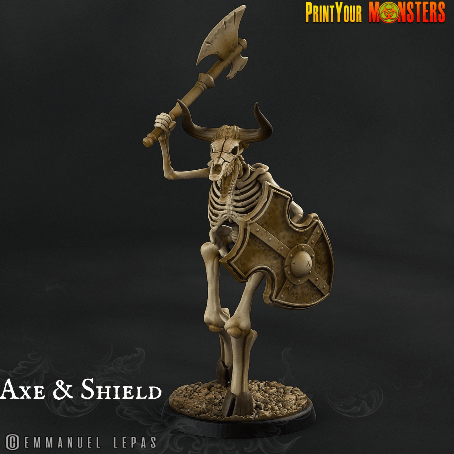 Axe and Shield Skeletal Minotaur Miniature | Undead Monster Figurine DnD 5e - Plague Miniatures
