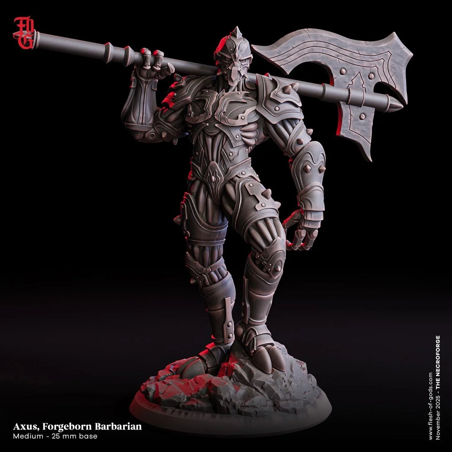 Armored barbarian miniature with large axe on rocky base, fantasy tabletop RPG figure