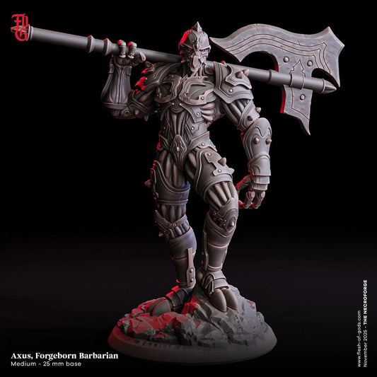 Armored barbarian miniature with large axe on rocky base, fantasy tabletop RPG figure