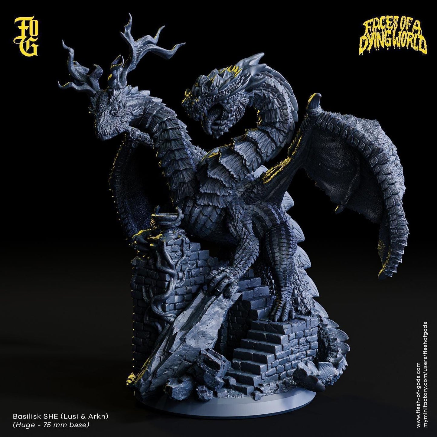 Basilisk SHE Lusi and Arkh Miniature | Dragon Boss Figurine for MÖRK BORG | 75mm Base - Plague Miniatures