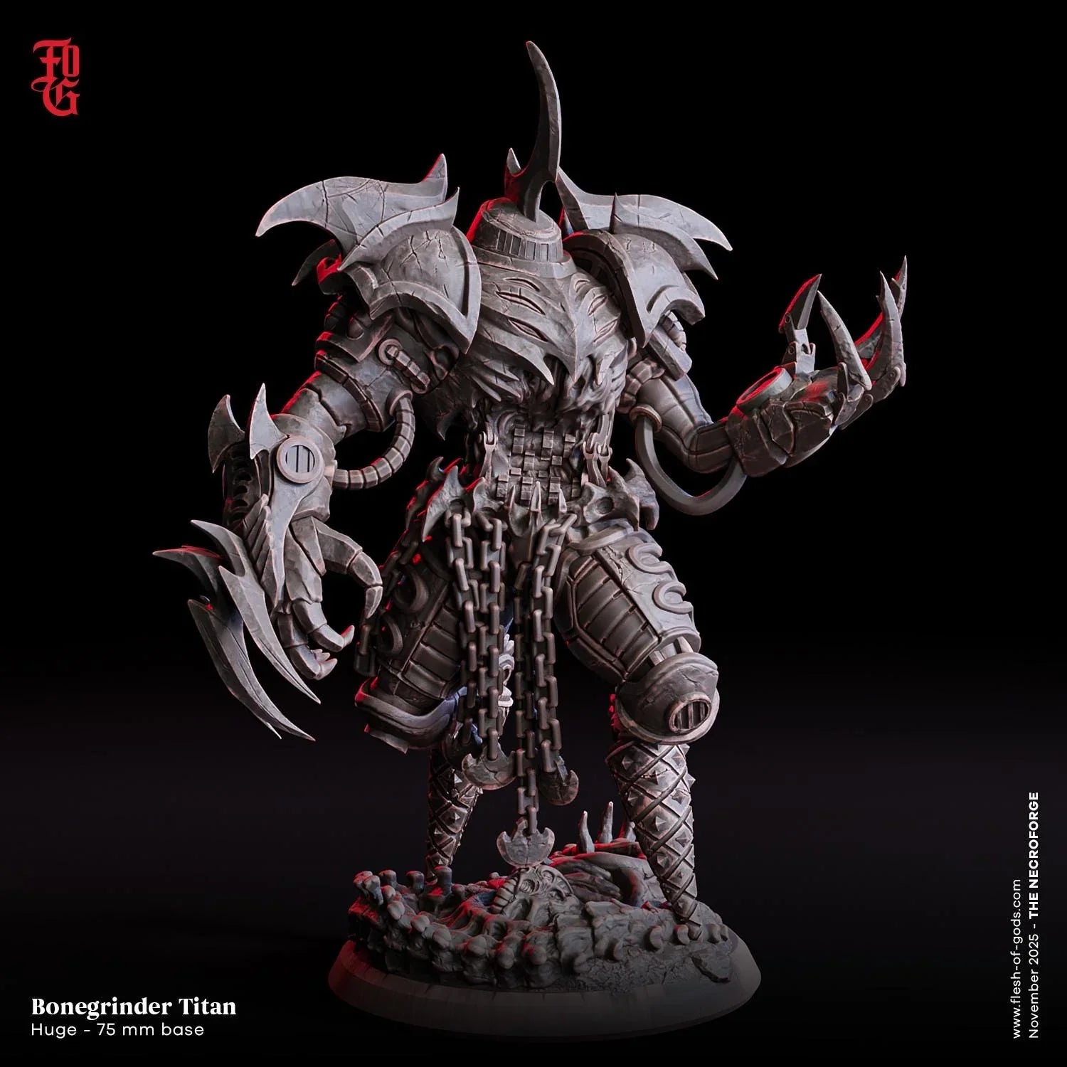 Bonegrinder Titan miniature figure, armored fantasy monster with chains and claws on 75mm base