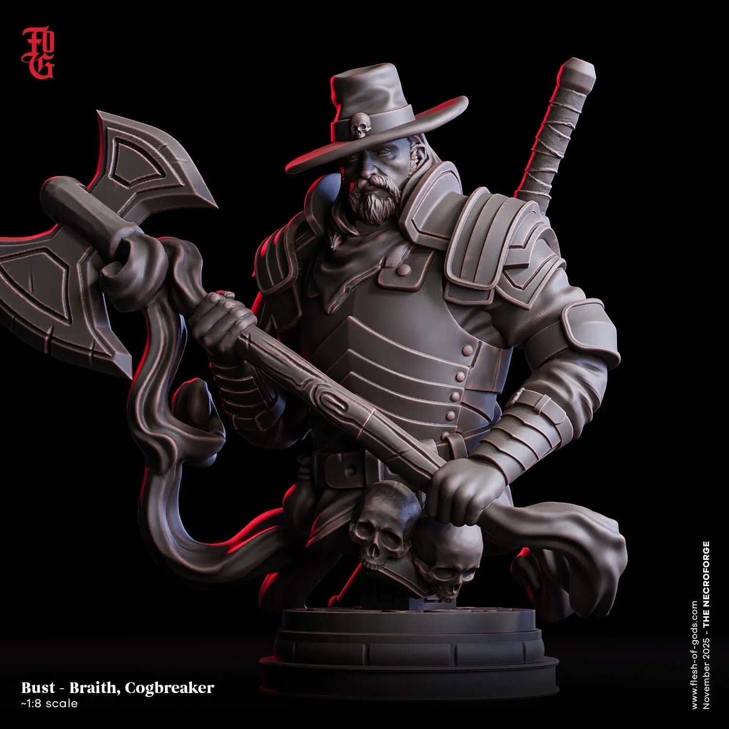 Fantasy warrior bust sculpture in armor with axe, hat, and skull details, black background