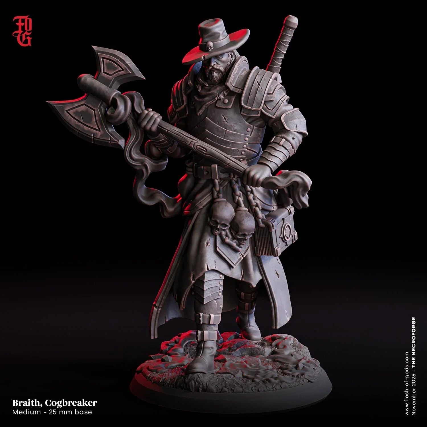 Fantasy miniature figure Braith Cogbreaker with axe, skulls, hat, and armor on a 25mm base