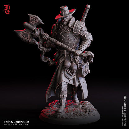 Fantasy miniature figure Braith Cogbreaker with axe, skulls, hat, and armor on a 25mm base