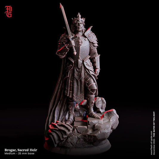 Brogar, Sacred Heir Miniature | Human King Warrior Knight Fighter Figurine | 32mm Scale or 75mm Scale - Plague Miniatures