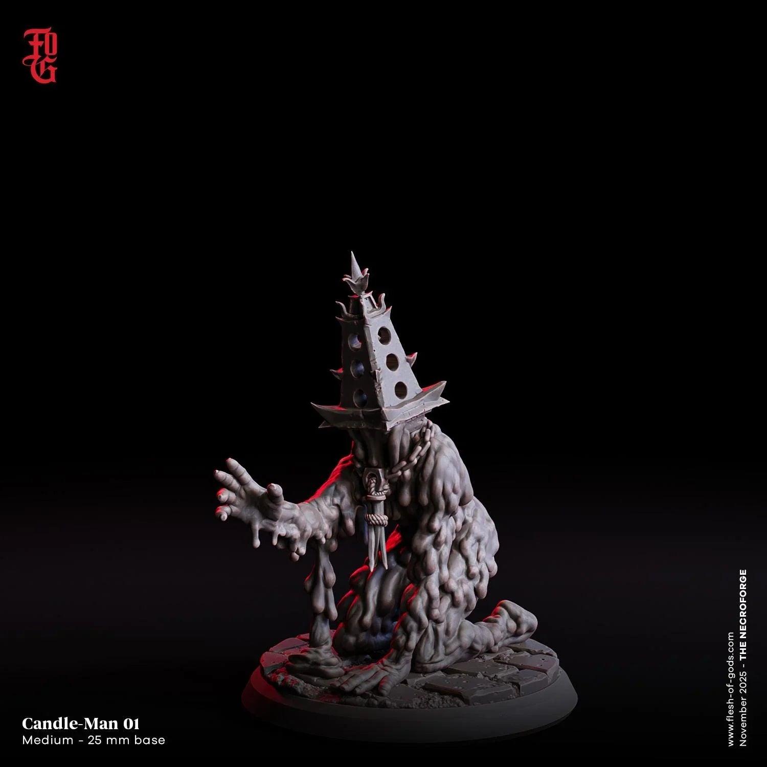 Candle-Man 01 fantasy miniature, wax-melted figure with spiked helmet on 25mm base