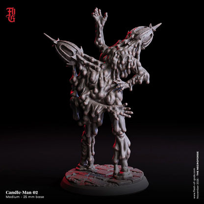 Candle-Man 02 fantasy mini figurine with melting candle wax and spiked helmet on a 25mm base.