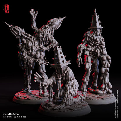 Three gray Candle-Men miniatures with melted wax-like bodies and spiked headgear on bases