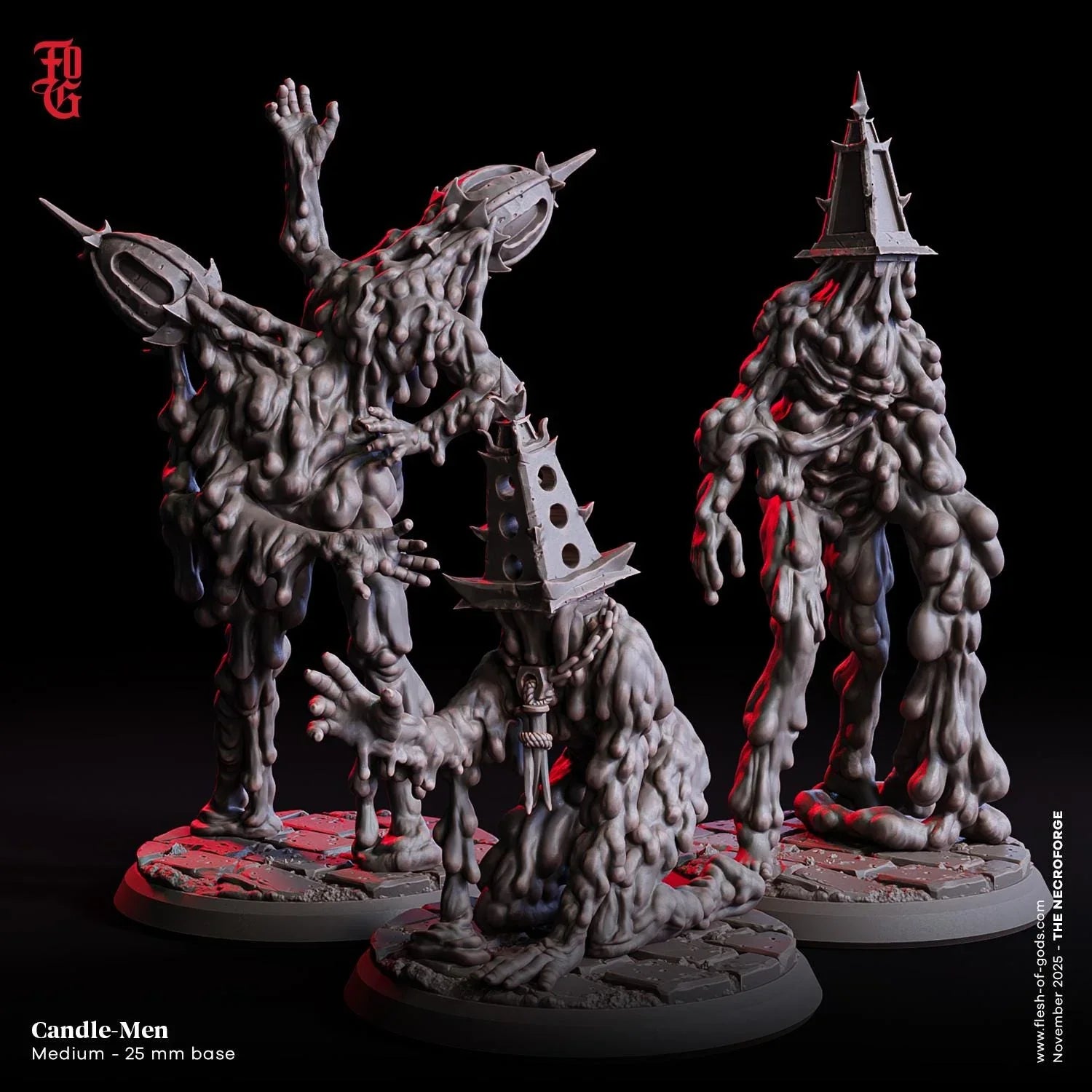 Three grotesque Candle-Men miniatures with melting wax bodies, spiked hoods, 25mm bases.