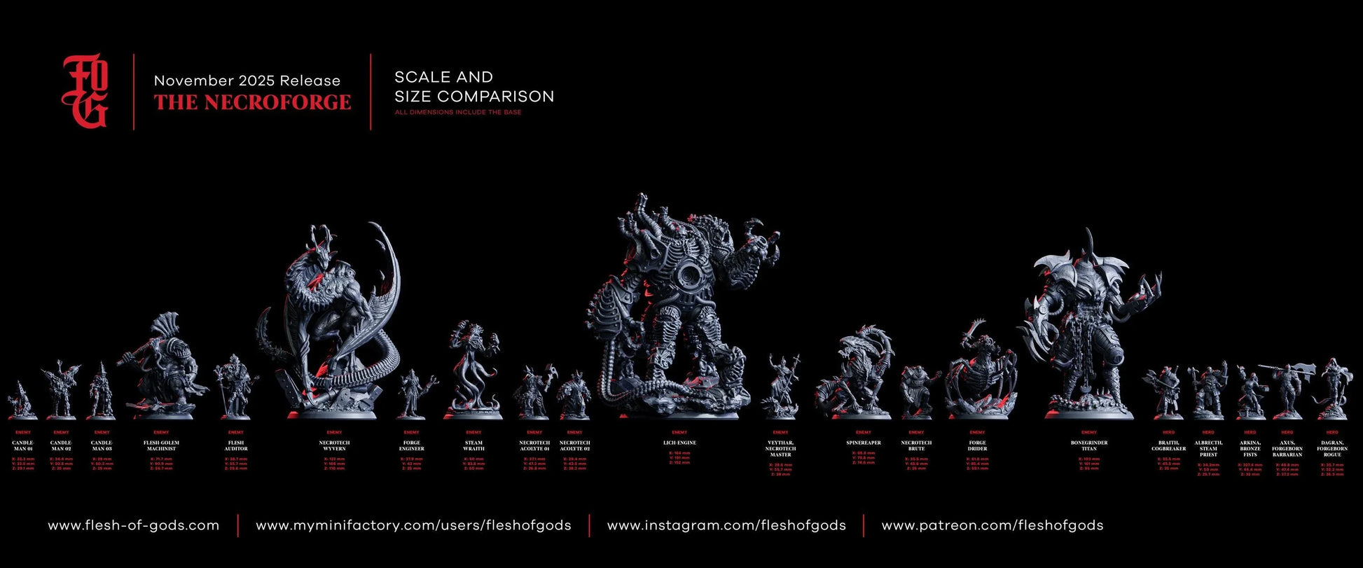 Scale comparison of The Necroforge miniature figures, featuring detailed fantasy monsters and heroes on a black background.