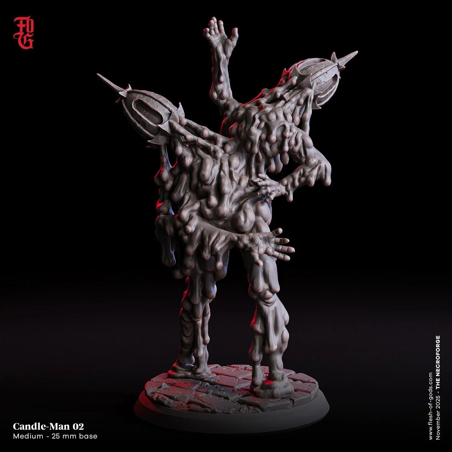 Candle-Man 02 miniature, wax-dripping humanoid figure with spiked helmets on cobblestone base