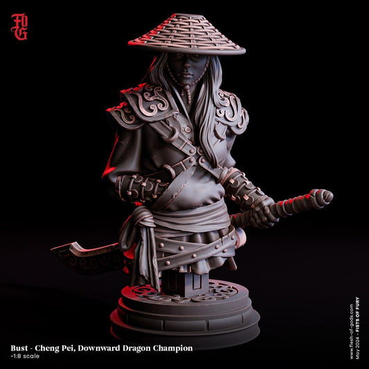 Cheng Pei, Downward Dragon Champion | Female Samurai Bust Statue - Plague Miniatures