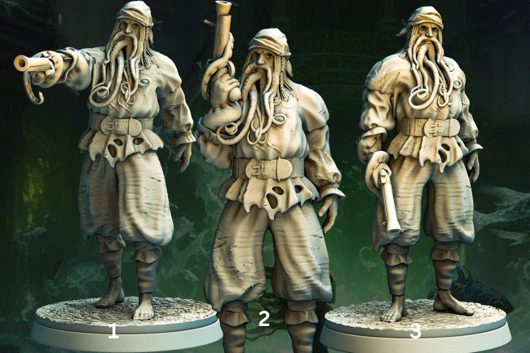 Cursed Pirate Miniature | Cthulhu-Inspired Undead Pirate with Pistol | 3 Poses | 32mm Scale - Plague Miniatures