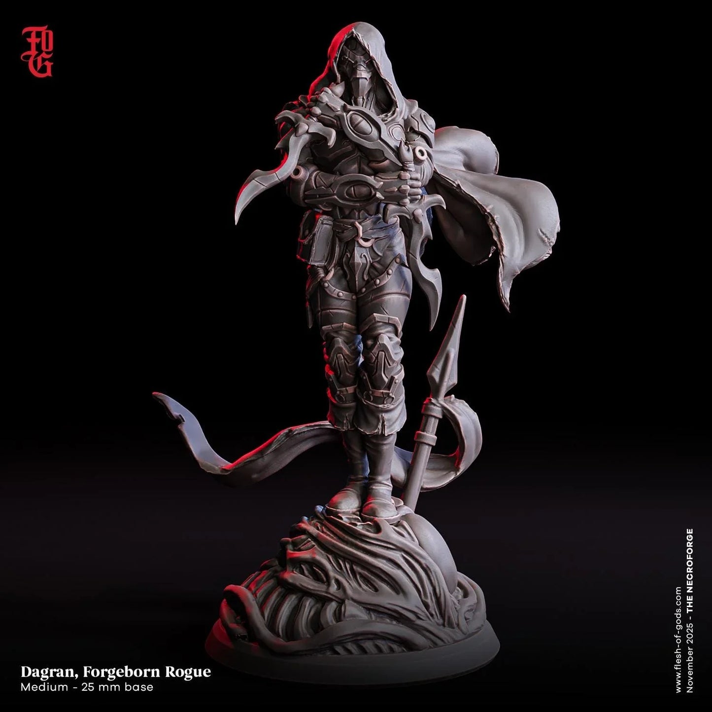 Dagran Forgeborn Rogue miniature figure with hood, armor, and cloak on decorative base