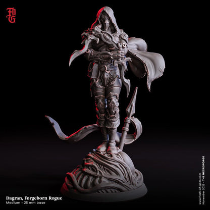 Dagran Forgeborn Rogue miniature figure with hood, armor, and cloak on decorative base