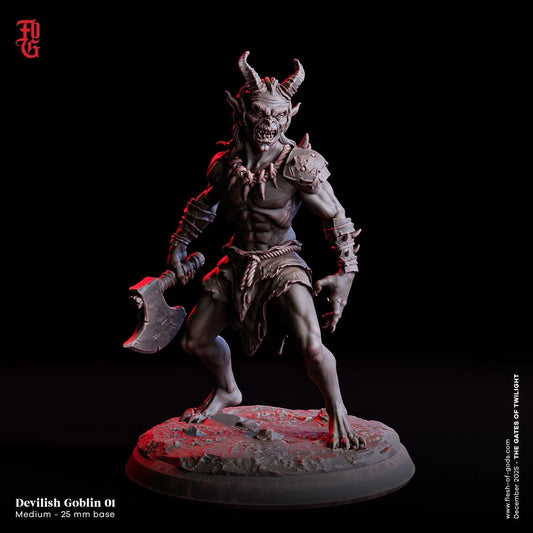 Devilish Goblin Miniature | Goblin Fighter Medium Monstrosity Figurine | 32mm Scale - Plague Miniatures