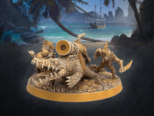 DnD Pirate cannon crocodile miniature - 32mm scale Tabletop gaming DnD Miniature Dungeons and Dragons, wargaming dnd pirate figurine - Plague Miniatures shop for DnD Miniatures