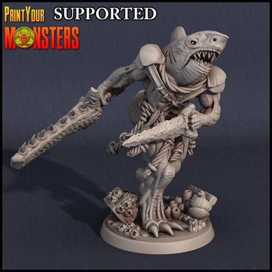 DnD Sekolin Underwater Warrior Miniature | Underwater monster 25mm Base Shark Hybrid | DnD Tabletop gaming | Dungeons and Dragons, DnD 5e - Plague Miniatures